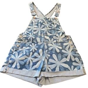 No Boundaries Sz Junior XXL Size 19 Floral Denim Bib Summer Short Overalls EUC